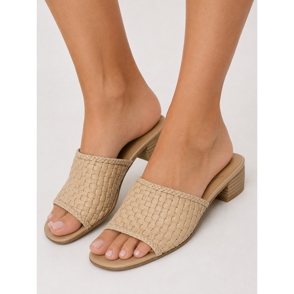 Joie Woven Leather Mule Sandals Women's 9.5 Beige Tan Block Heel Slides